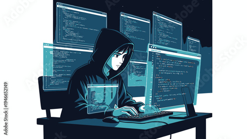 Anime Programmer Coding at Multiple Screens vector illustration