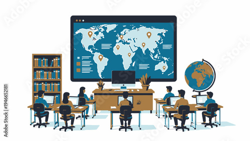 Geography Class with Students and World Map vector illustration