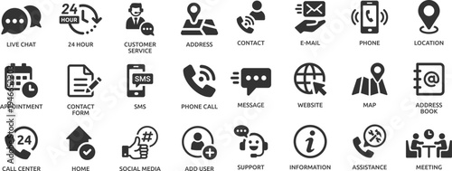 Contact icon set. Containing e-mail, phone, address, customer service, call, website and more.