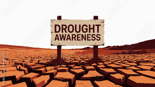 Drought Awareness Sign in Cracked Desert Landscape vector illustration