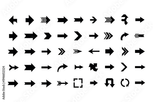 Collection of various black arrows on white background