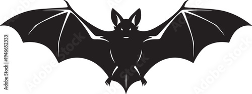 Black Bat Silhouette Flying with Spread Wings Halloween Creature Vector Illustration.