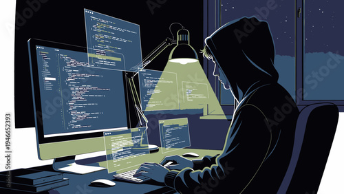 Hacker In Hoodie Programming At Night vector illustration