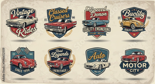 Collection of vintage car emblems with classic designs and retro aesthetics.