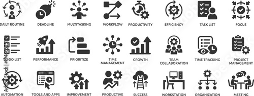 Productivity icon set. Containing efficiency, task, focus, multitasking, workflow, growth, routine, project management, automation and productive.