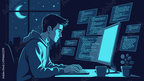 Night Coder Working on Computer Screens vector illustration