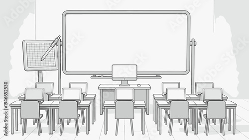 Empty Classroom Setup with Interactive Whiteboards vector illustration