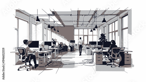 Modern Office Interior Sketch with People