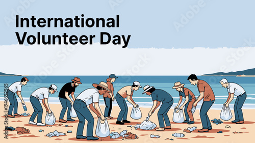 Volunteers Cleaning Beach on International Volunteer Day vector illustration