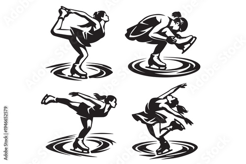 Vector set of four gestures of a professional woman ice skating, graceful poses and dynamic movement, black and white line art style.