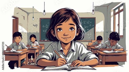 Young Girl Studying in a Classroom with Other Students vector illustration