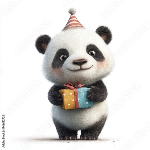 Cute panda smiles while holding a gift in a festive setting with a party hat during a celebration time