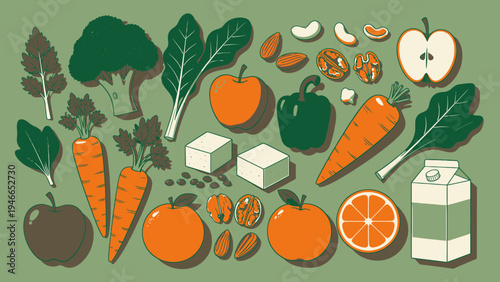 Collection of Healthy Vegan Foods on Green vector illustration