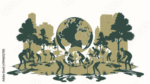 People Planting Trees For Environmental Sustainability vector illustration