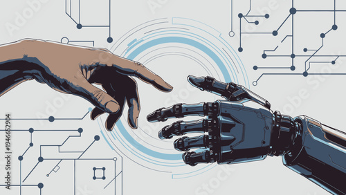 Human and Robot Hand Reaching Each Other vector illustration