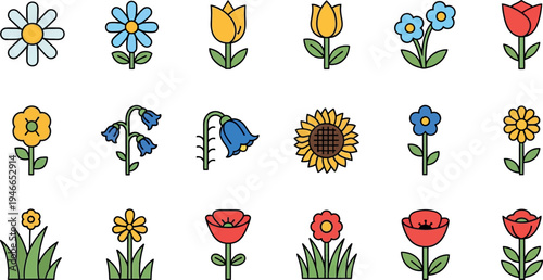 Collection of colorful flat flower daisy tulip sunflower poppy