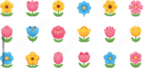 Collection of colorful cartoon flowers with green stems and leaves yellow flower