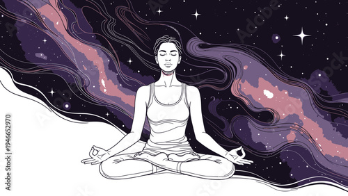 Woman Meditating with Galaxy Background vector illustration