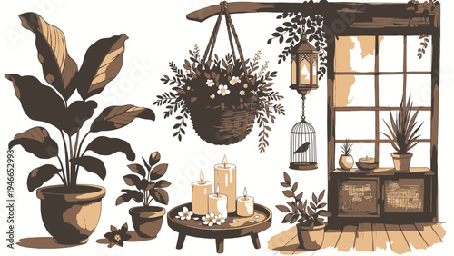 Cozy Home Decor Composition with Plants and Candles vector illustration
