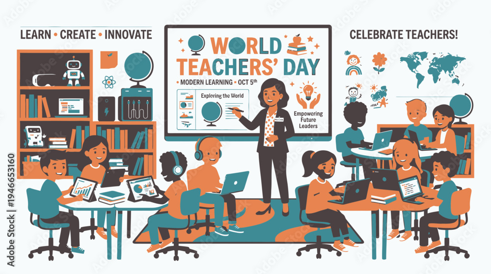 Fototapeta premium Celebrating World Teachers' Day in a Modern Classroom vector illustration