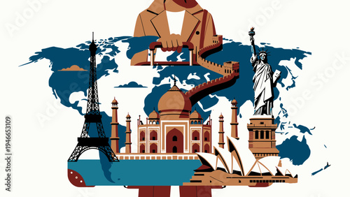 Worldwide Travel Concept with Tourist Woman and Landmarks vector illustration