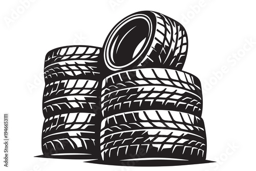 Vector illustration of a stack of car tires arranged neatly, simple clean lines, modern minimal style, black rubber texture detail, isolated on white background.