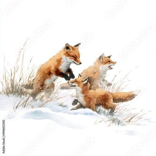 Three foxes play in the snow among grass on a winter day in a snowy landscape