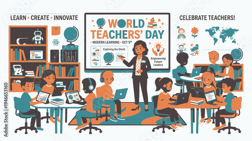 Celebrating World Teachers' Day in a Modern Classroom vector illustration