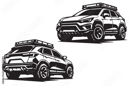 Minimal vector illustration of a tech inspired SUV, showing front and back views with smooth shapes, clear outlines, and a simple modern automotive design style icon set