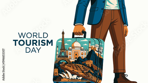 World Tourism Day Concept With Man and Travel Suitcase vector illustration