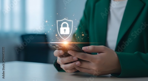 Businessman using smartphone with digital security lock icon for mobile protection