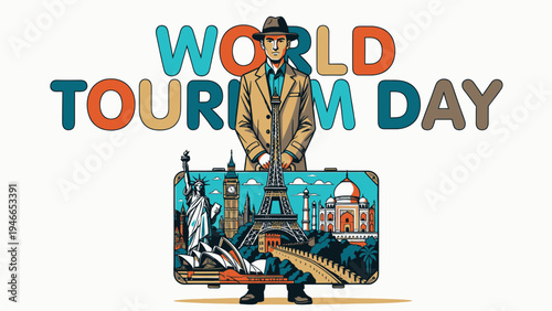 World Tourism Day Illustration with Traveler and Landmarks vector illustration