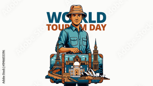 World Tourism Day With Traveler And Landmark Icons vector illustration