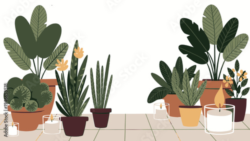 Home Decor with Potted Plants and Candles vector illustration