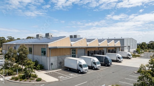 Modern warehouse building with solar panels and parked trucks in a loading bay