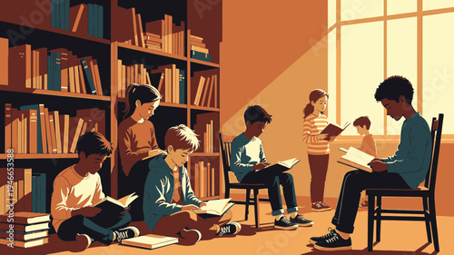 Children Reading Books in a Library Setting vector illustration
