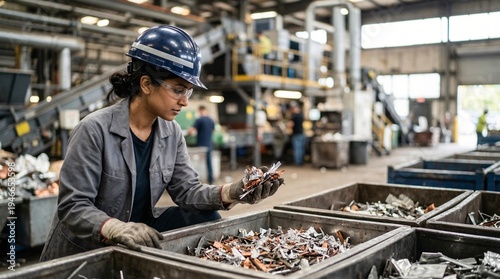 Woman in hard hat and safety glasses inspects scrap metal in industrial recycling facility
