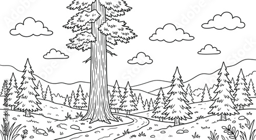 Serene forest landscape line art with a winding river, tall trees, and a deer, ideal for coloring book or outdoor nature design.
