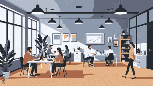 Modern Coworking Space with Diverse Professionals vector illustration