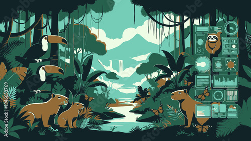 Monitoring Biodiversity in the Rainforest vector illustration