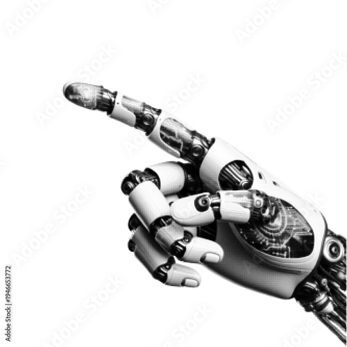 Futuristic robotic hand in halftone engraving style. Artificial intelligence and robotics illustration symbolizing technology, automation, cybernetic innovation, and human machine interaction.