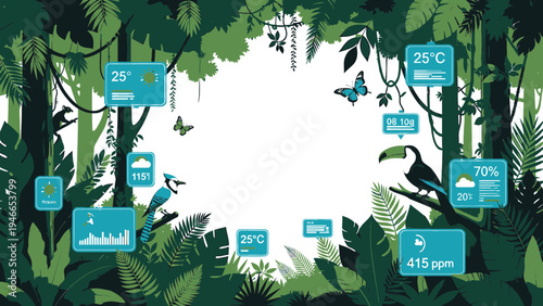 Jungle Canopy with Animated Weather and Environmental Data vector illustration