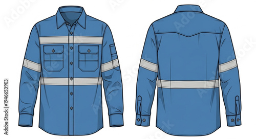 Blue Long-Sleeved Work Shirt with Reflective Stripes for Safety.