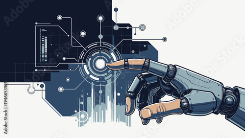 Robotic Hand Interacting with Advanced Technology Interface vector illustration
