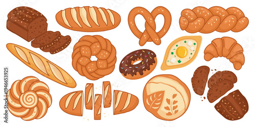 Bakery products and bread types vector flat illustration set