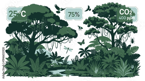 Tropical Forest Ecosystem with Temperature and Humidity vector illustration