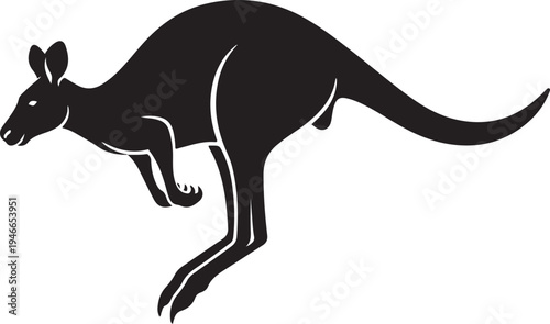 Dynamic black silhouette of a jumping kangaroo in motion.