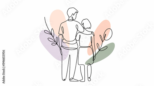 Minimalist illustration of siblings or a parent and child standing together in a heart shaped floral background