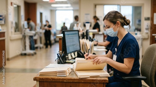 Nurse wearing mask at desk with files and computer in hospital hallway