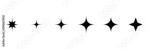 Set of black sparkling star icons. Various shapes including four pointed and eight pointed sparkles for minimal decorative elements and magic celestial design.